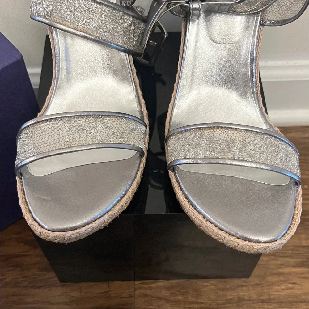 Stuart Weitzman Metallic Silver Espadrille Wedge Sandals - Picture 4 of 9